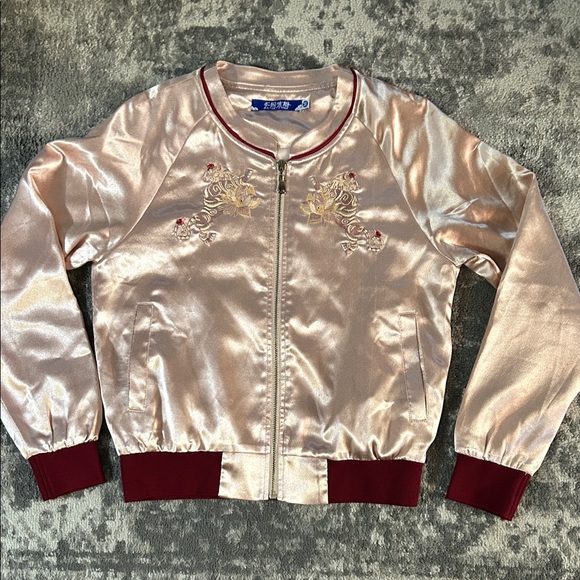 Jackets & Blazers - Pinkish Peach Satin Sukajan Bomber Jacket with Embroidered Tiger Design